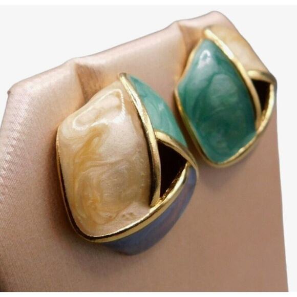 Pierced Earrings Retro Teal Green Blue Beige Enamel Geometric Gold Tone SKU 2224 - Picture 2 of 8